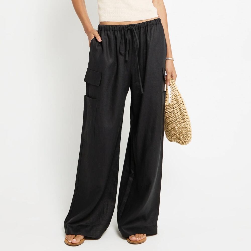 CAARA Ayden Black Linen Cargo Pants Wide Leg Drawstring Large Utility Streetwear